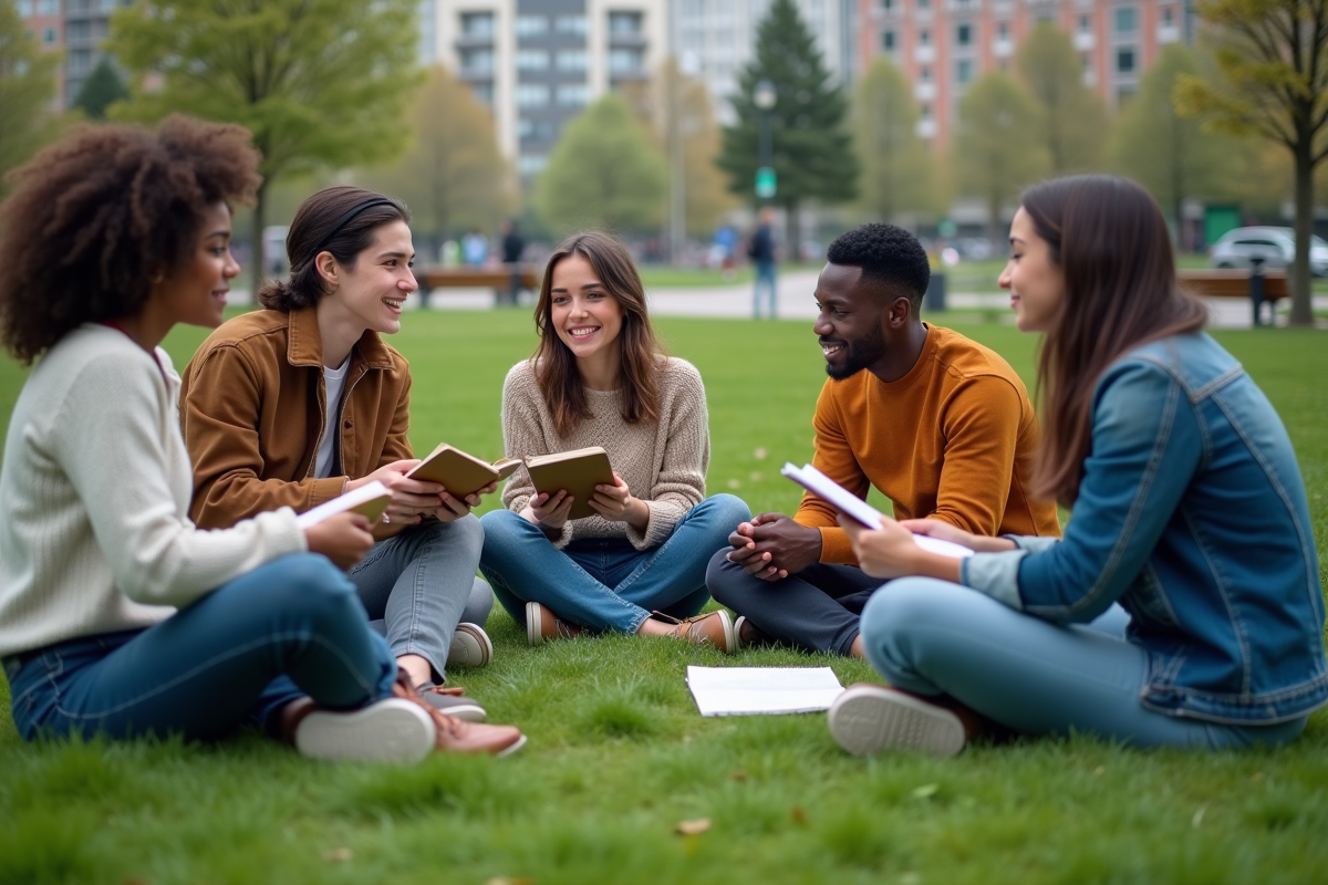 Jeunes adultes discutant en cercle dans un parc urbain