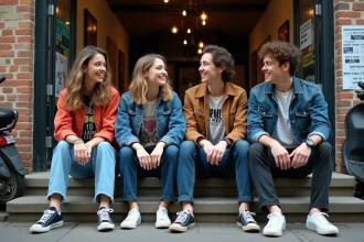 Quatre musiciens français assis sur des marches urbaines