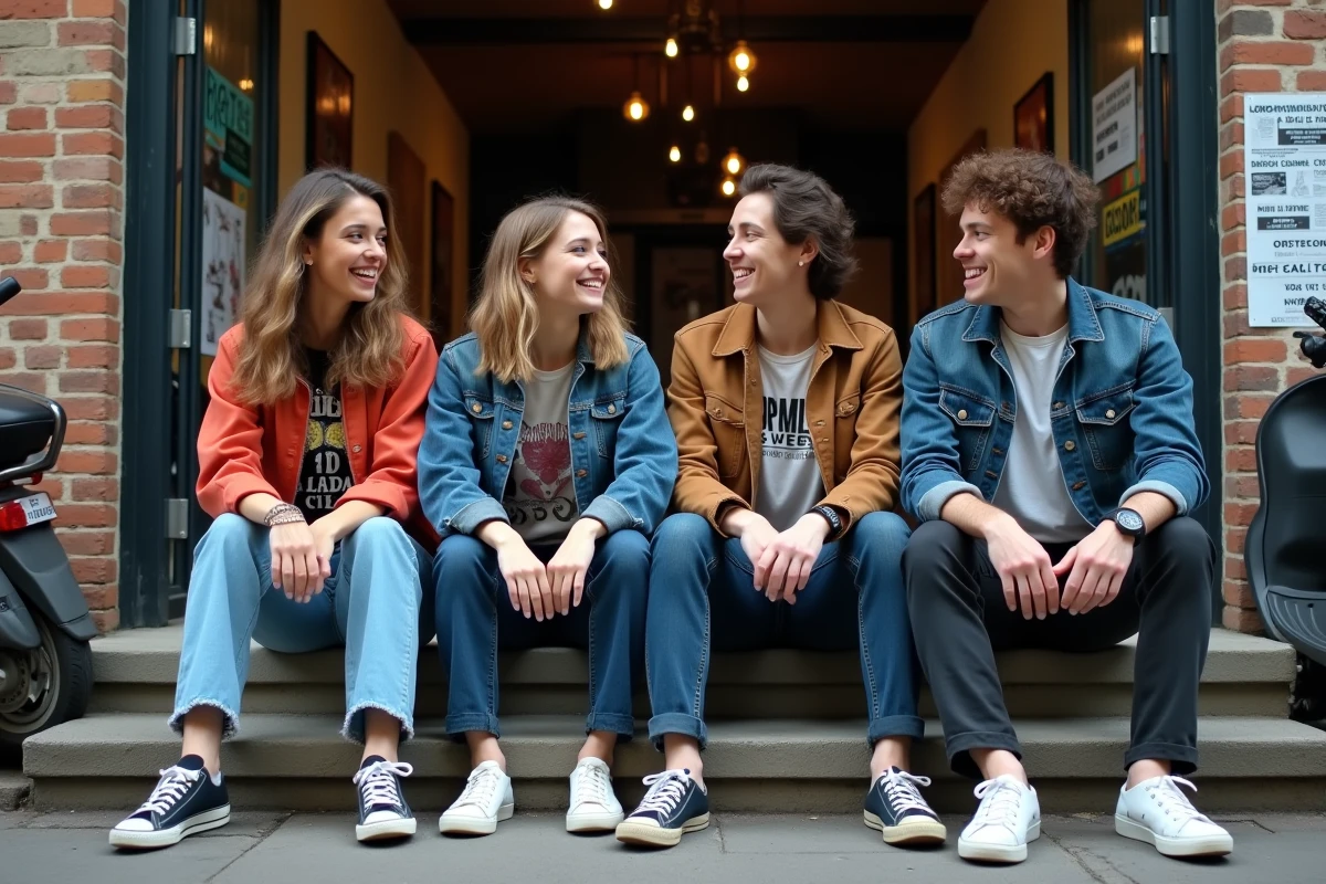 Quatre musiciens français assis sur des marches urbaines