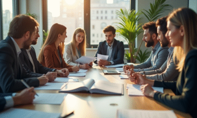 Groupe de professionnels en réunion dans un bureau lumineux