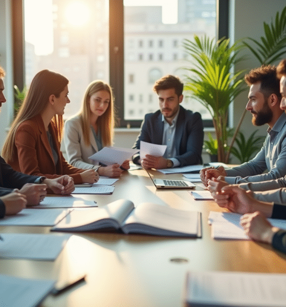 Groupe de professionnels en réunion dans un bureau lumineux
