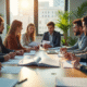 Groupe de professionnels en réunion dans un bureau lumineux