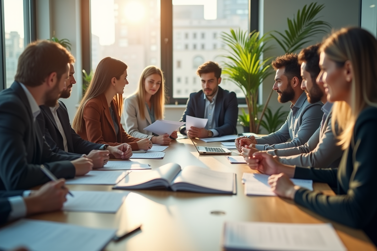 Groupe de professionnels en réunion dans un bureau lumineux