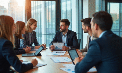 Groupe de professionnels discutant autour d'une table moderne