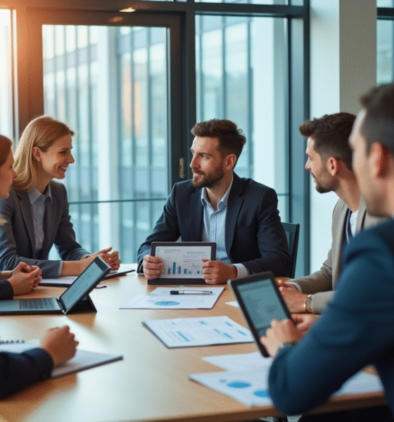 Groupe de professionnels discutant autour d'une table moderne