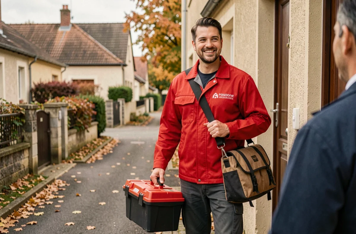 Un plombier de Help Confort arrivant chez un client dans un quartier résidentiel dijonnais, souriant avec une caisse à outils à roulettes