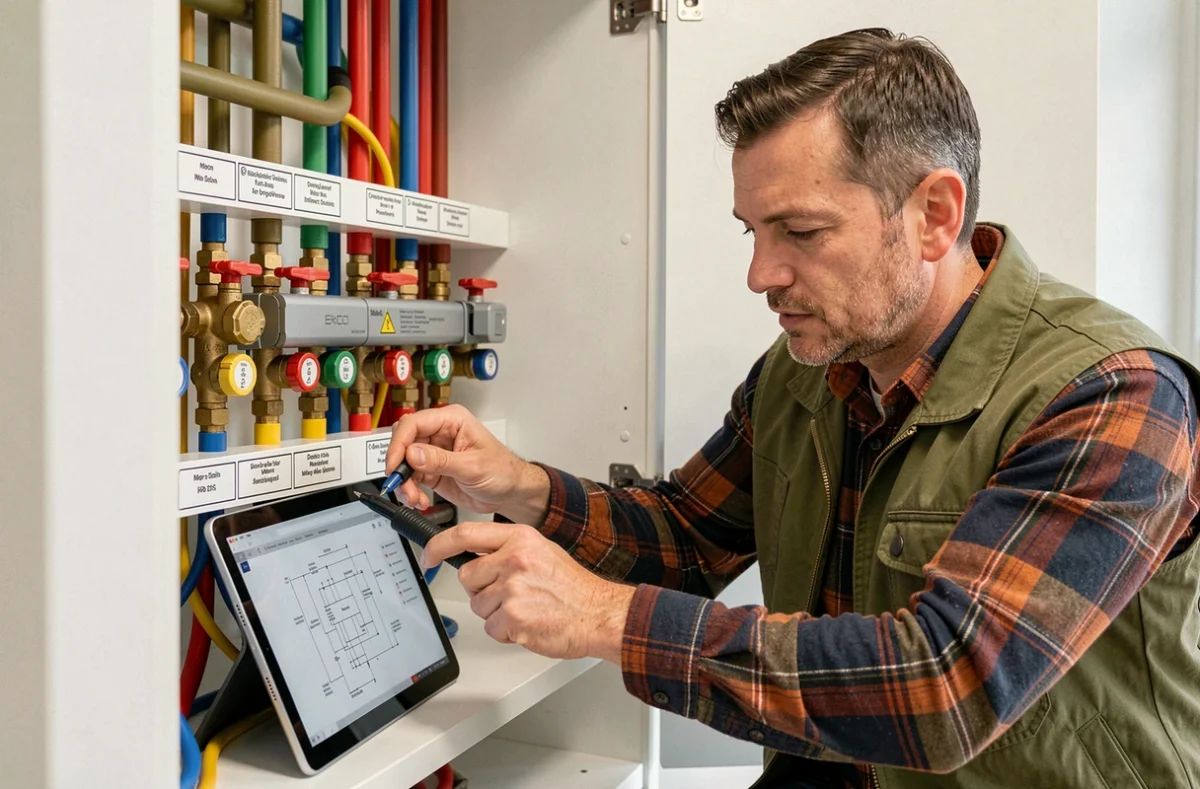 Un technicien de H.GE réglant un collecteur de chauffage par le sol dans une maison neuve dijonnaise, avec un schéma technique sur tablette