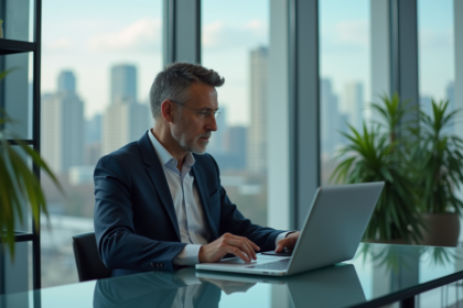 Homme d'affaires concentré analysant des données sur un ordinateur portable