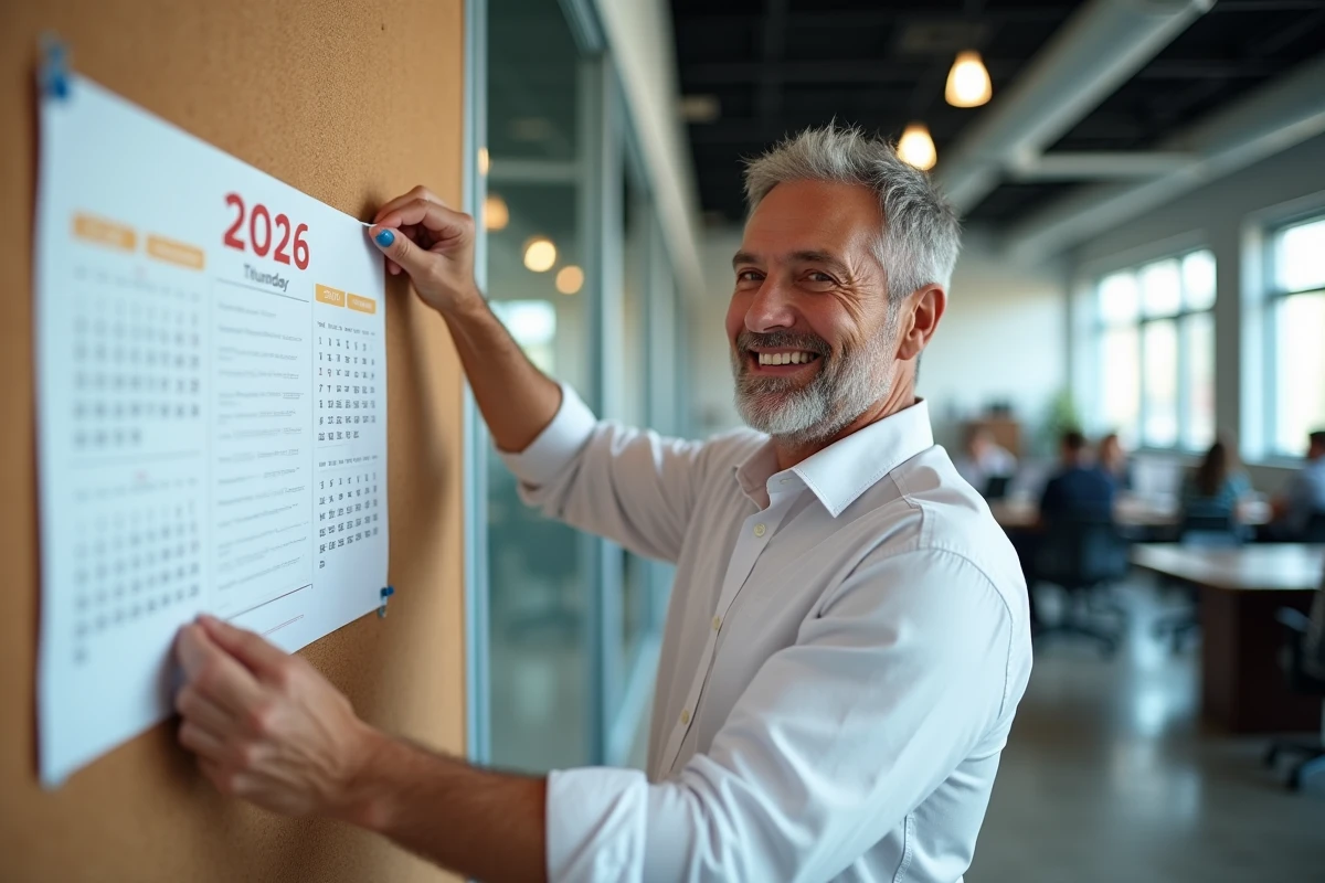 Homme affichant calendrier 2026 dans espace de travail partagé