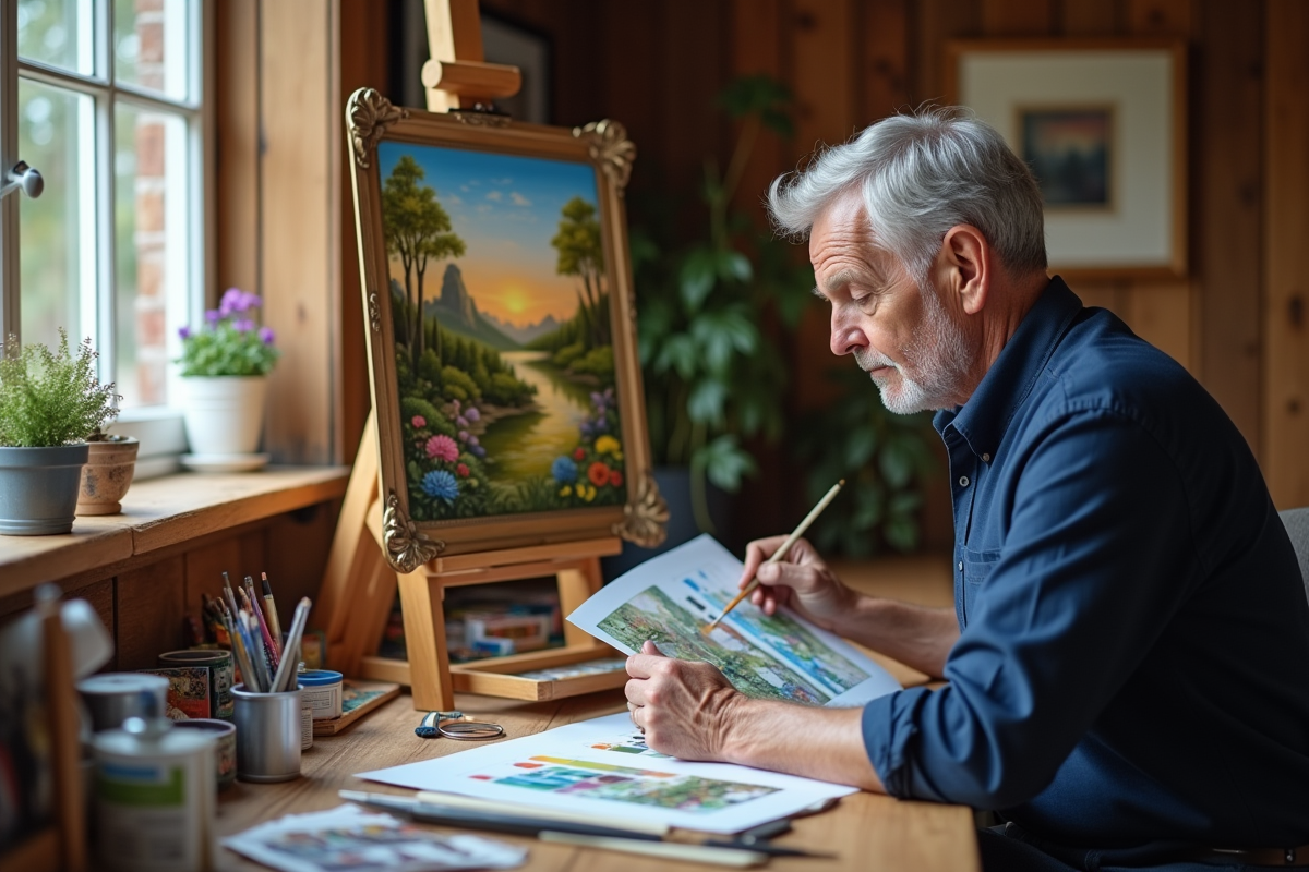 Homme âgé utilisant un guide de couleurs pour peindre un paysage