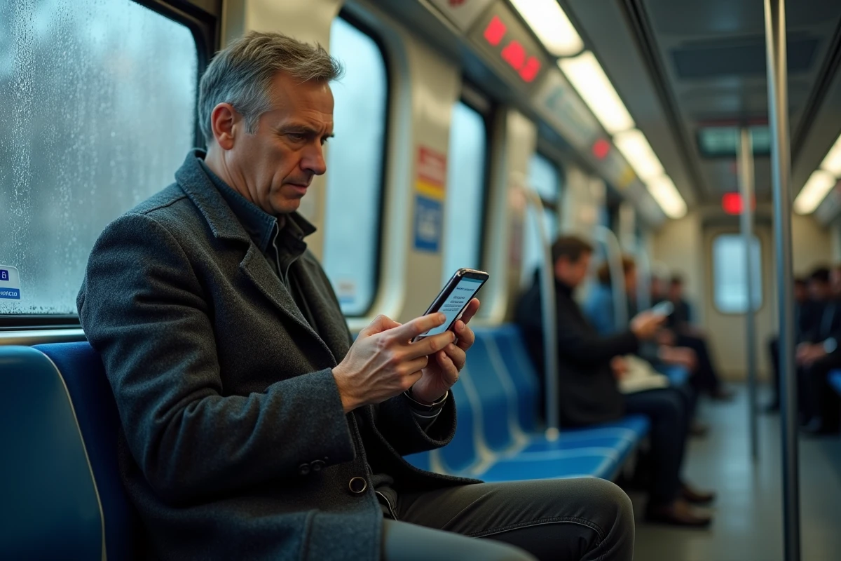 Homme consultant l'application RATP sur smartphone pour une alerte de perturbation dans un RER parisien