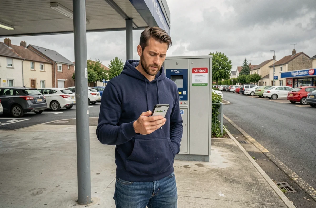 Homme utilisant l'application Vinted devant un point dépôt automatique en zone commerciale à Aulnay-sous-Bois