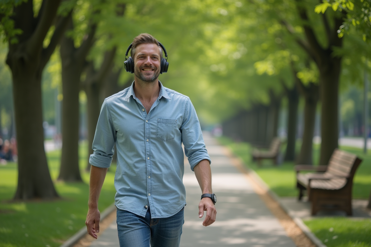 Homme marchant dans un parc en écoutant de la musique