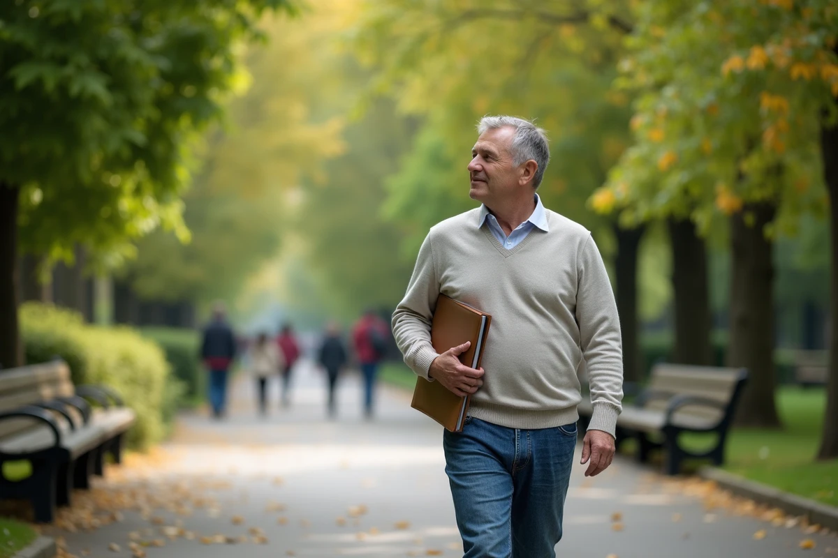 Homme souriant marchant dans un parc verdoyant