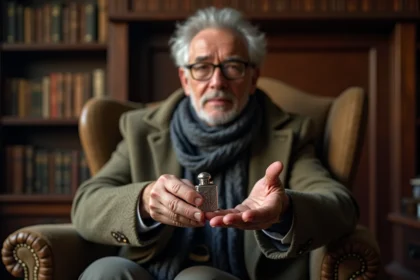 Homme britannique en tweed tenant un briquet en argent