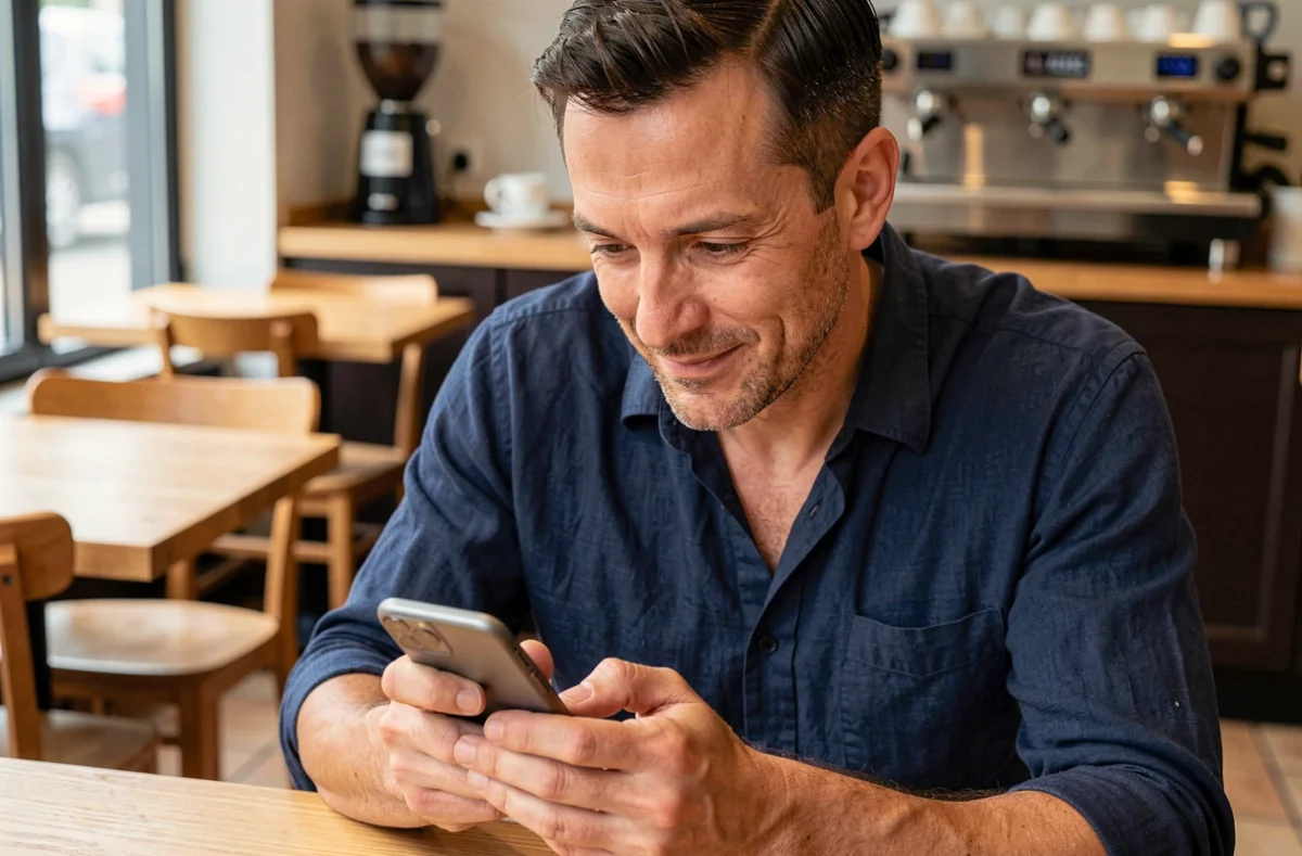 Homme dans un café choisissant un emoticon merci sur son smartphone avant d'envoyer un message