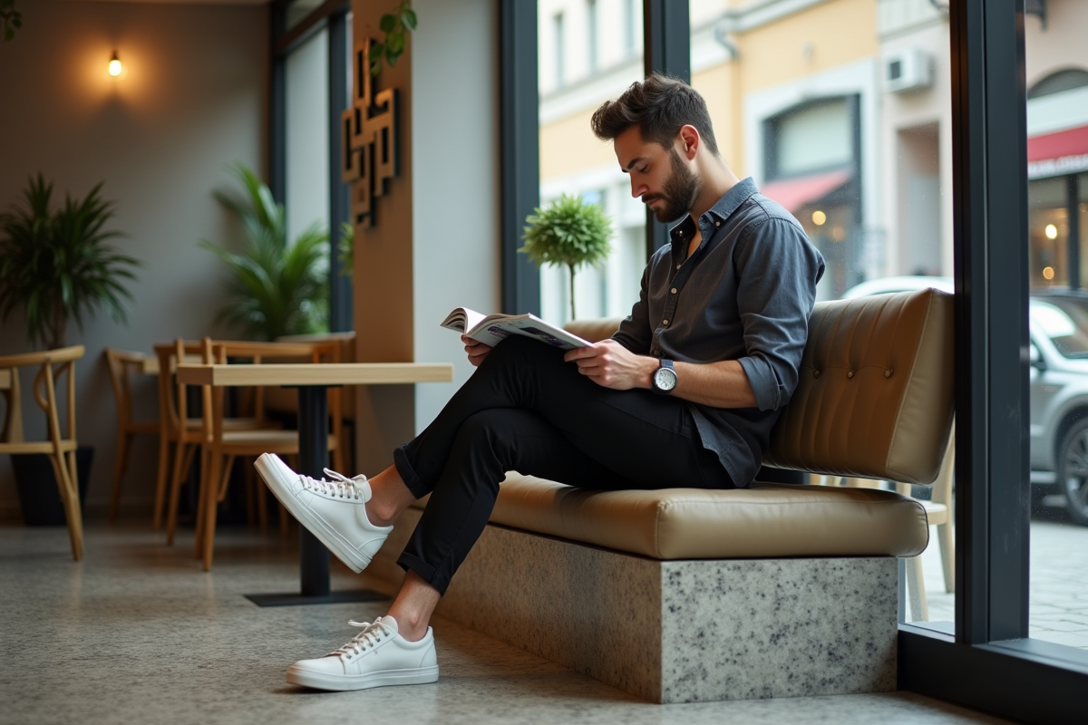 Homme assis dans un café portant trousers à fente