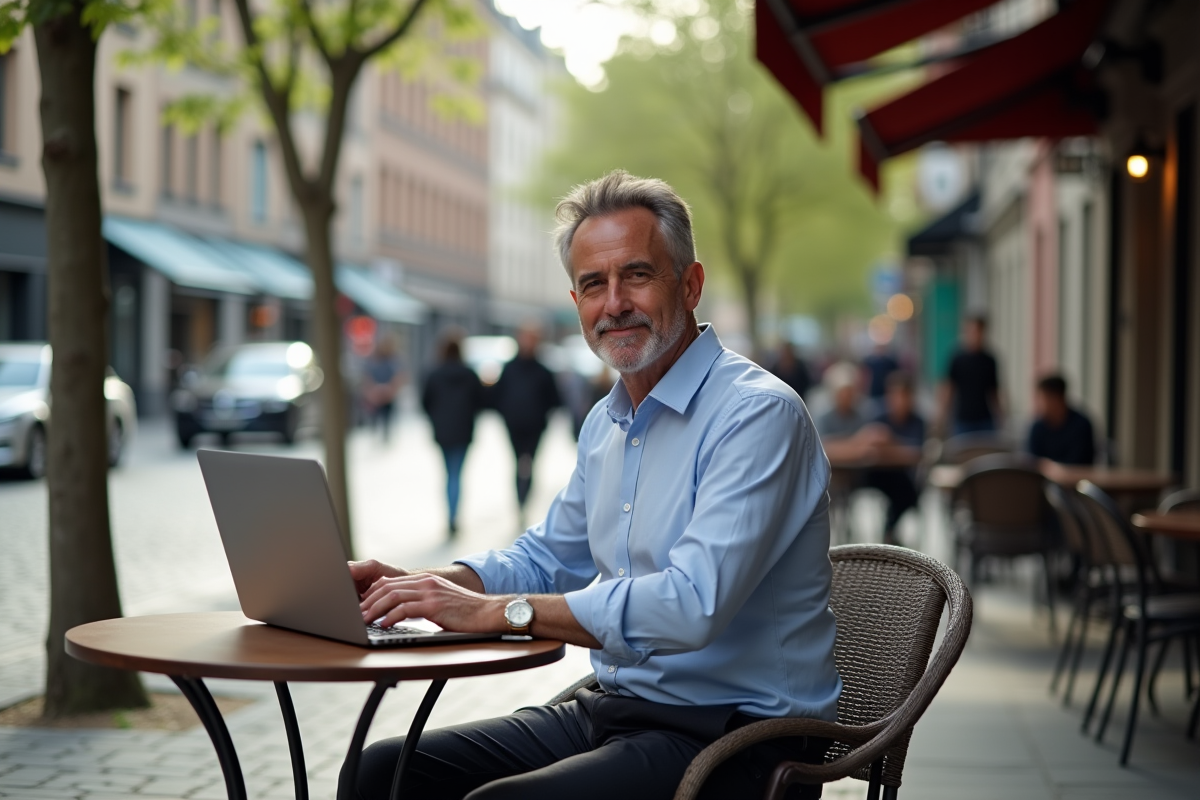 Homme souriant au café en ville en fin de journée