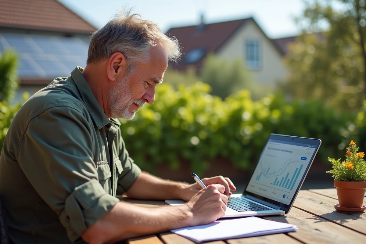 Homme d'âge moyen examinant un calcul solaire sur un ordinateur