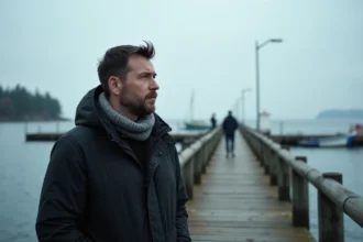 Homme réfléchi près d'un quai suédois en mer