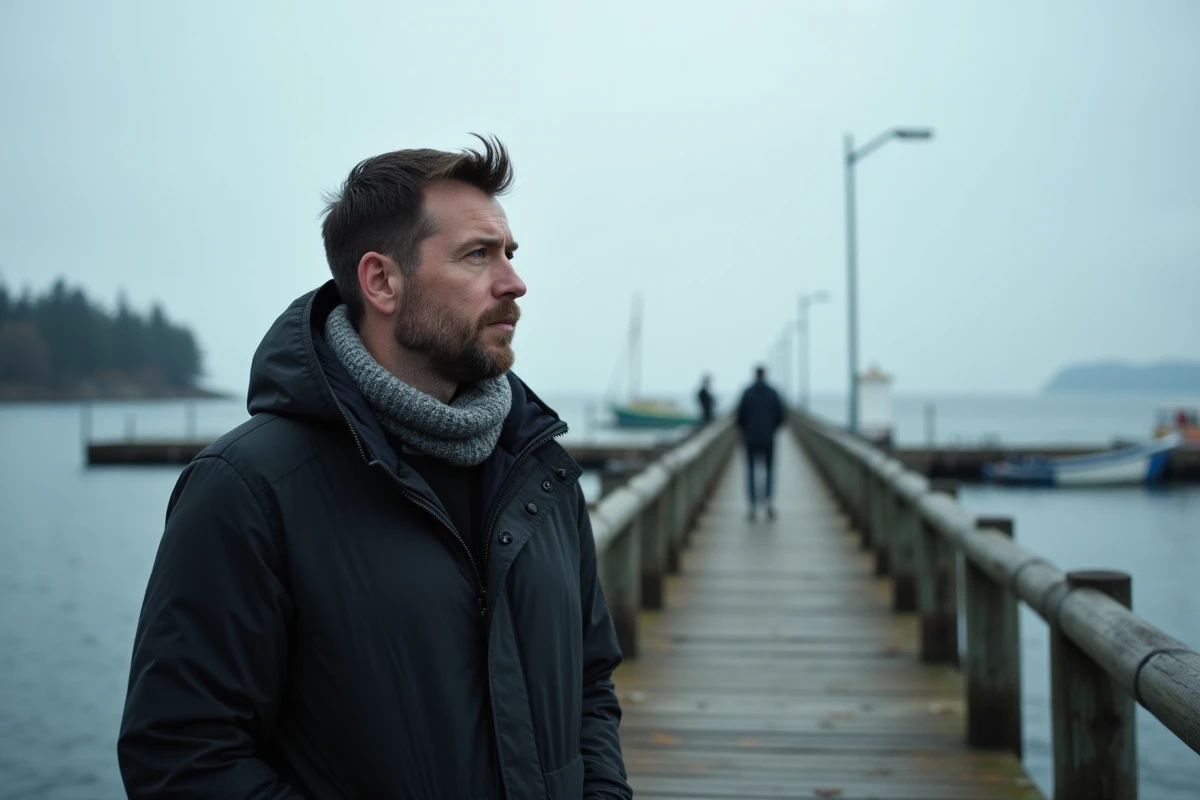 Homme réfléchi près d'un quai suédois en mer