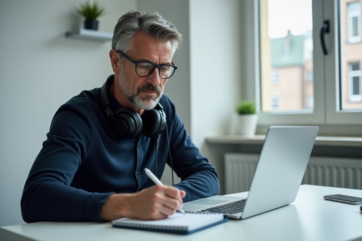 Homme avec casque audio prenant des notes à son bureau, symbolisant l'acte d'écouter activement par opposition à simplement entendre