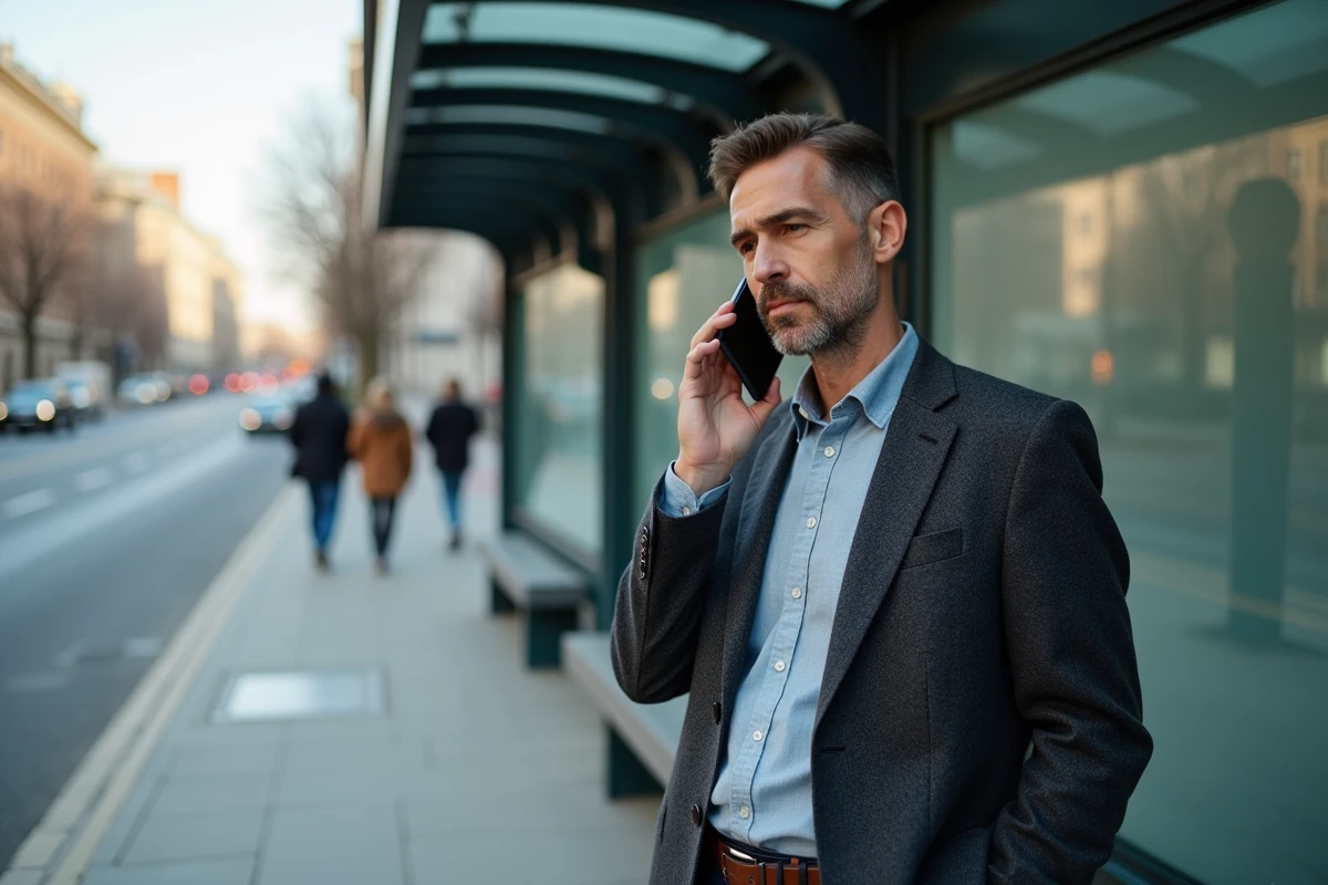Homme écoutant un message vocal dans la rue urbaine