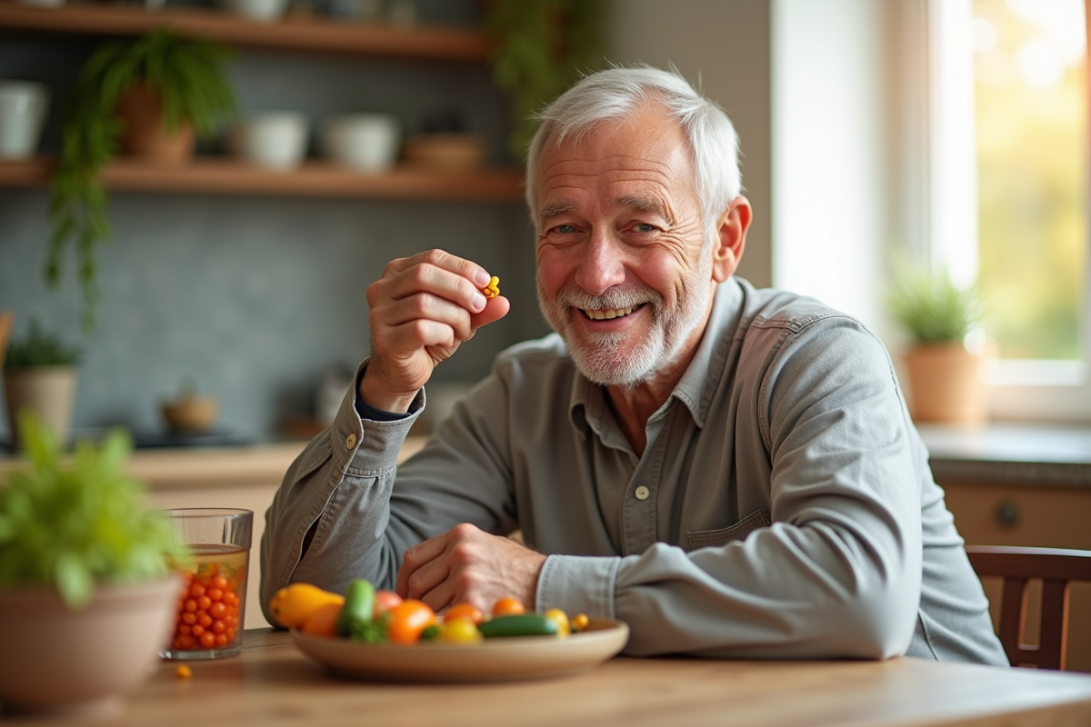 Homme âgé souriant prenant un complément alimentaire à la maison dans une cuisine lumineuse