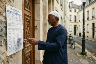 Homme consultant les horaires de prière affichés à l'entrée d'une mosquée à Nantes