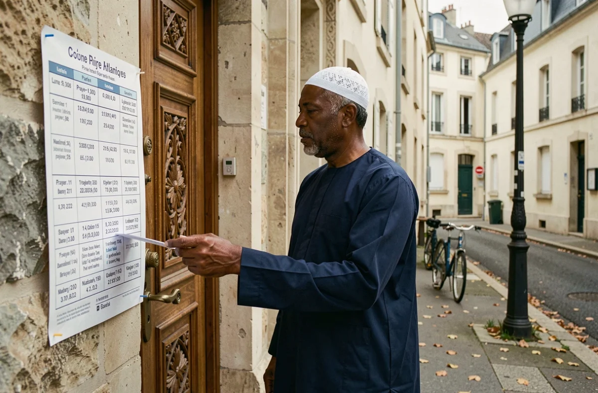 Homme consultant les horaires de prière affichés à l'entrée d'une mosquée à Nantes