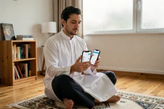 Homme consultant les horaires de prières sur son smartphone à Douai depuis son salon