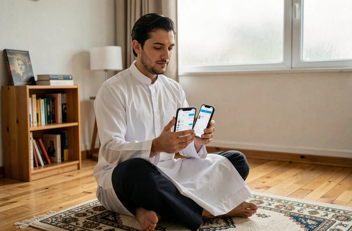 Homme consultant les horaires de prières sur son smartphone à Douai depuis son salon