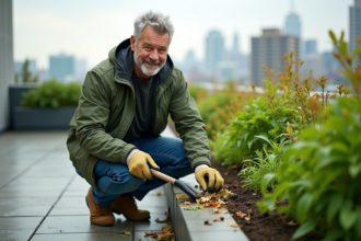 Homme jardinant sur un toit urbain avec gants et râteau