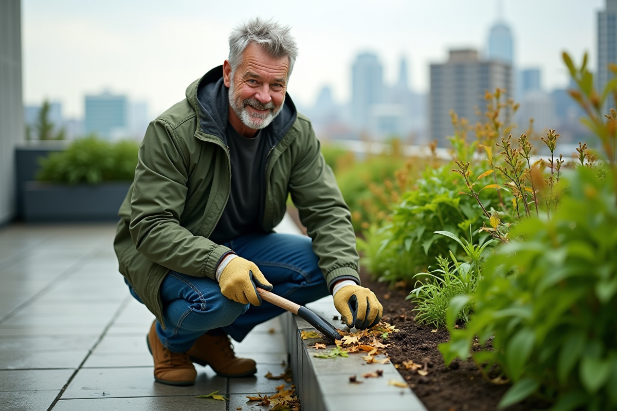 Homme jardinant sur un toit urbain avec gants et râteau