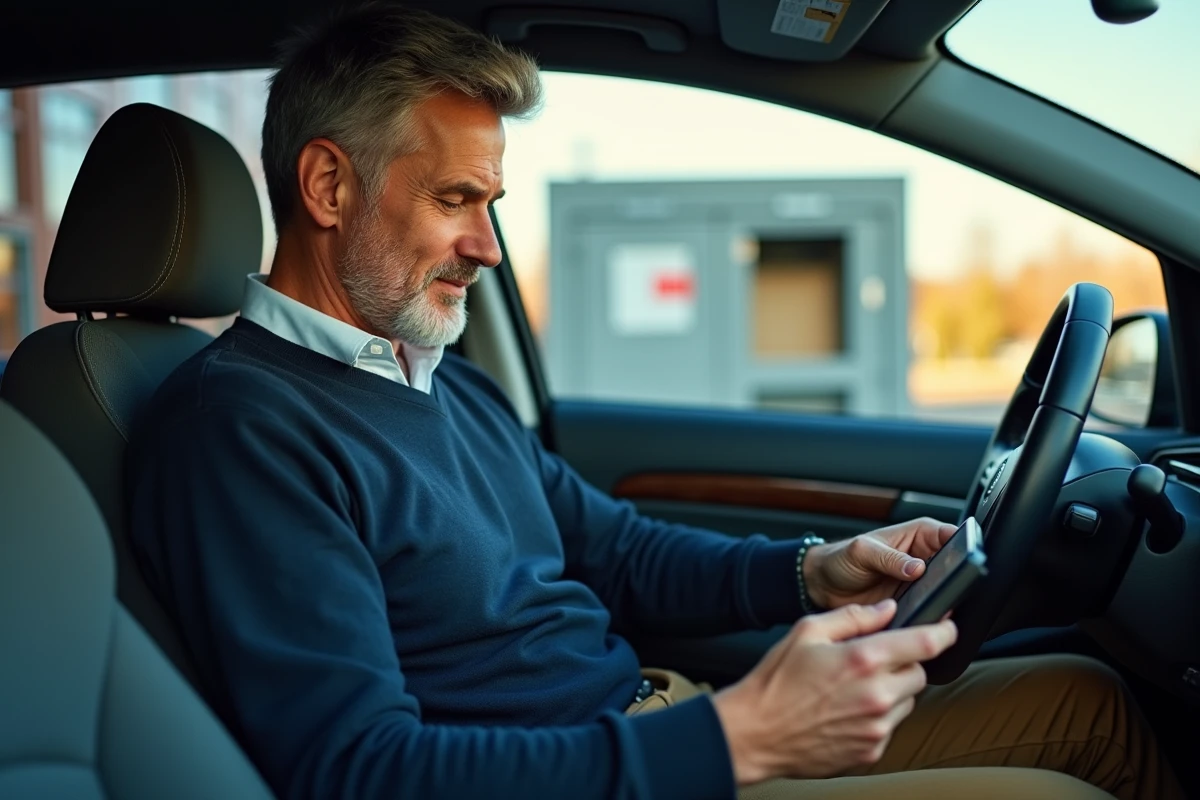 Homme dans sa voiture regardant une carte sur son smartphone