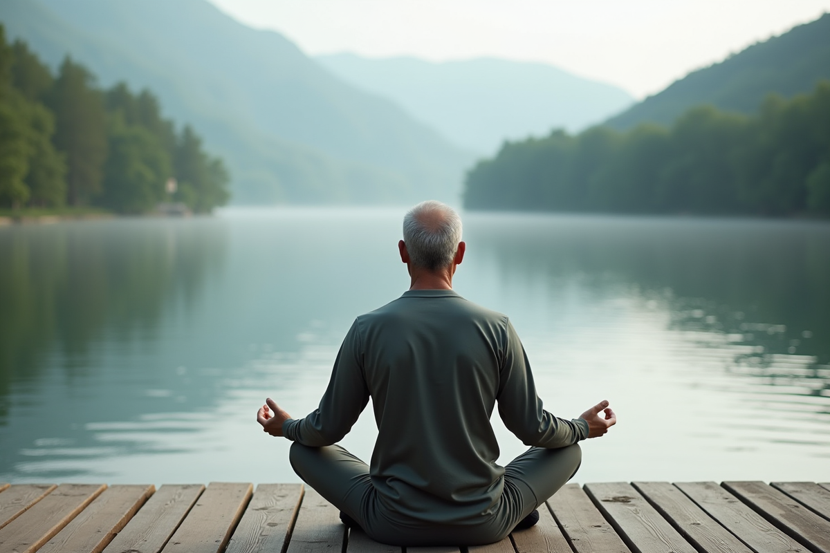 Homme méditant assis au bord du lac en pleine nature