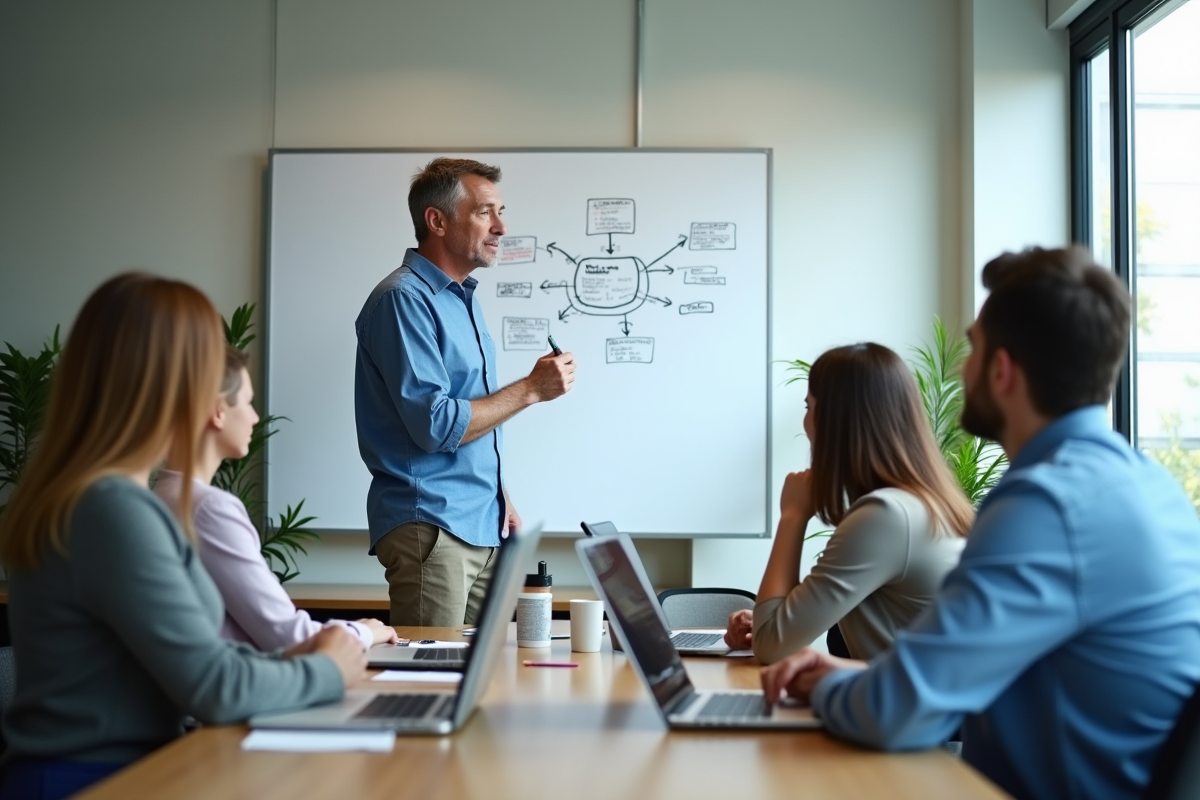 Homme en réunion dessinant une carte mentale en entreprise