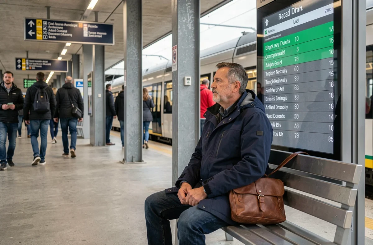 Homme assis dans une station de tramway moderne consultant un panneau d'affichage en temps réel des horaires RATP