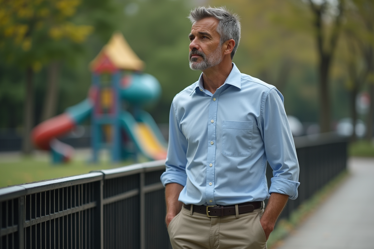 Homme réfléchi dans un parc urbain avec jeux pour enfants
