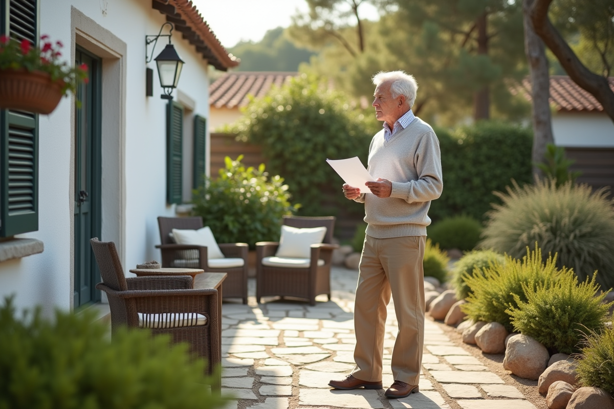 Homme âgé regarde le paysage depuis la terrasse