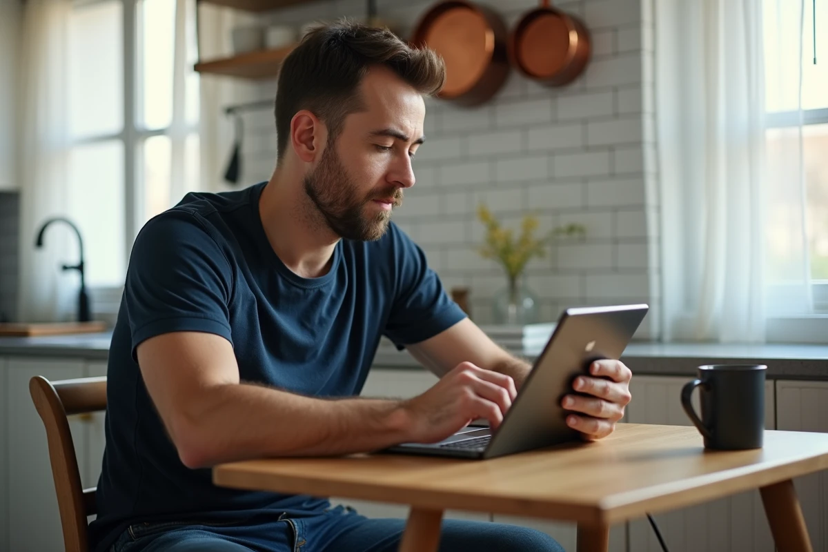 Homme consultant le programme Télé Z sur une tablette dans sa cuisine