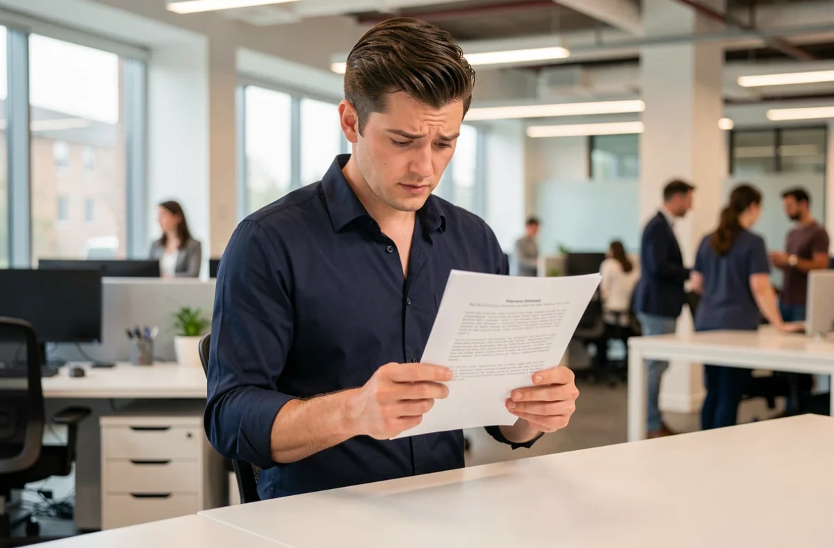 Homme en bureau moderne relisant attentivement un document imprimé avec une expression interrogative, symbolisant la réflexion sur l'accord du participe passé mis dans un contexte professionnel