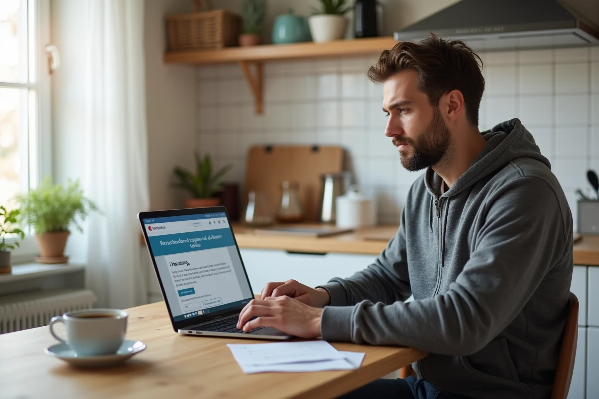 Homme reprogrammant une livraison La Poste en ligne sur son ordinateur portable dans une cuisine moderne