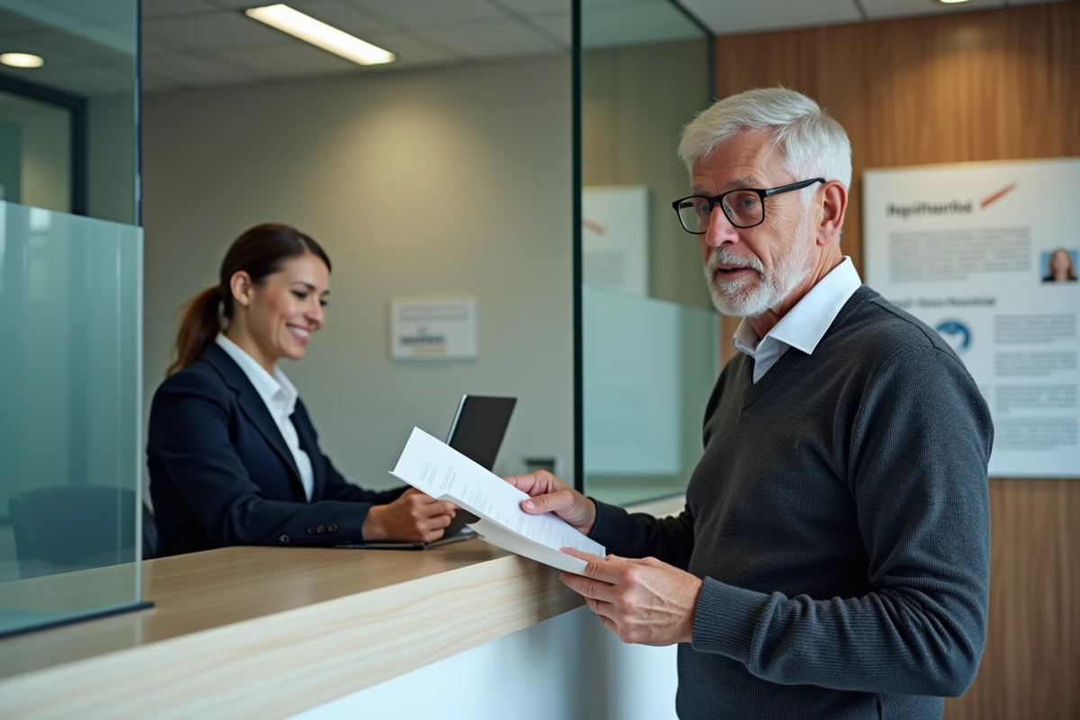 Homme remettant une lettre à la réception dans un bureau administratif