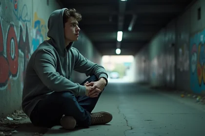 Jeune homme seul dans un tunnel urbain évoquant les thèmes sombres et introspectifs des paroles de Demons d'Imagine Dragons