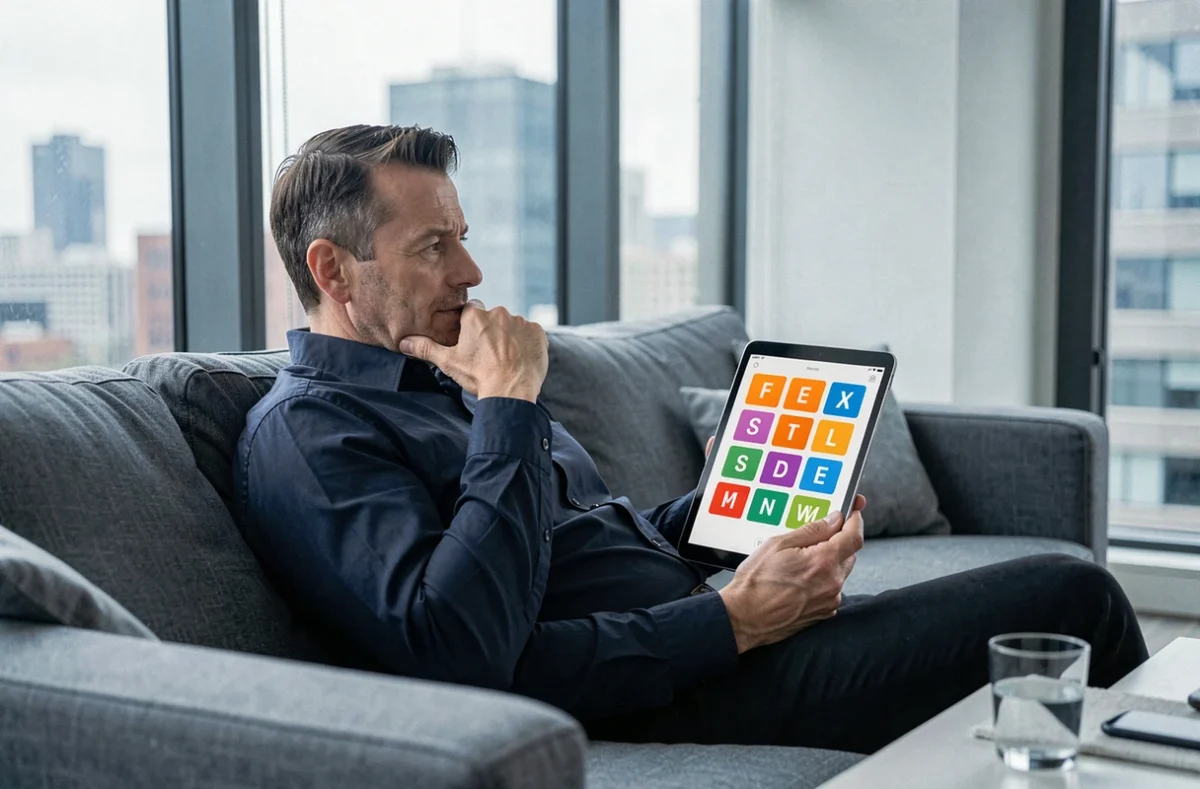 Homme adulte réfléchissant à la solution d'un puzzle 4 Images 1 Mot 9 lettres sur tablette dans un salon moderne