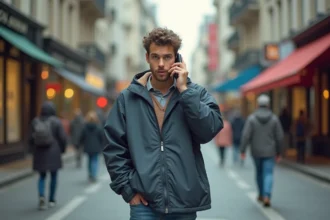 Homme dans la rue parlant au téléphone mobile années 90