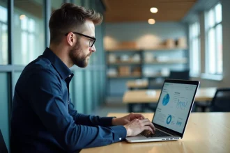 Homme professionnel utilisant un ordinateur pour suivre colis