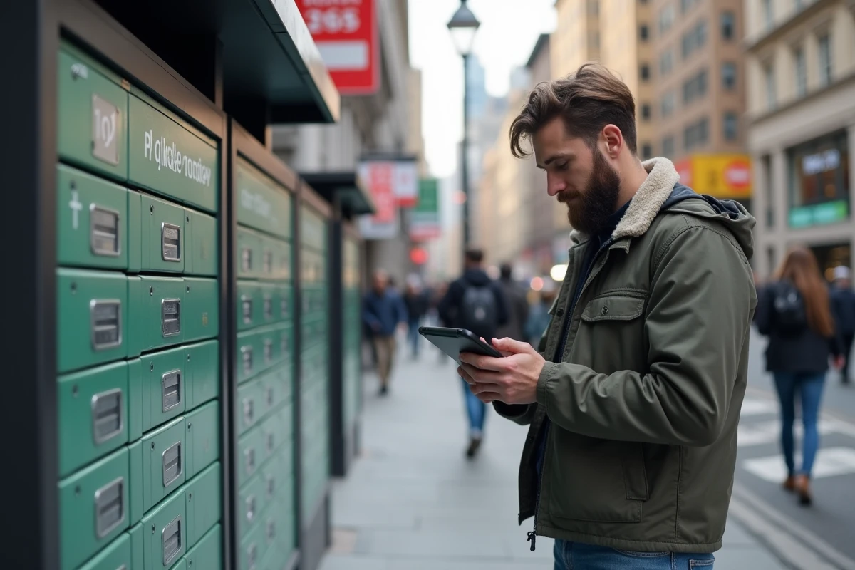 Homme avec tablette près d’un kiosque urbain