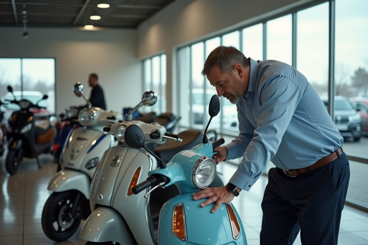 Homme d affaires inspectant deux scooters en showroom